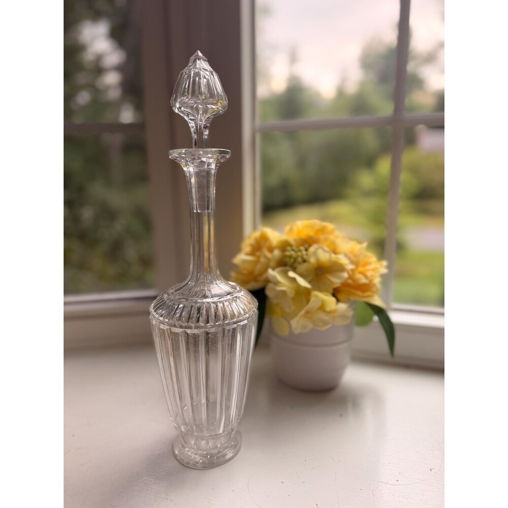 Vintage Crystal Decanter with Faceted Stopper, Pressed Glass Liquor Decanter, Ba